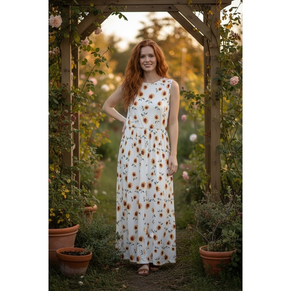 Sunflower Print Sleeveless Maxi Dress‎ Casual Summer Dress Cute Floral